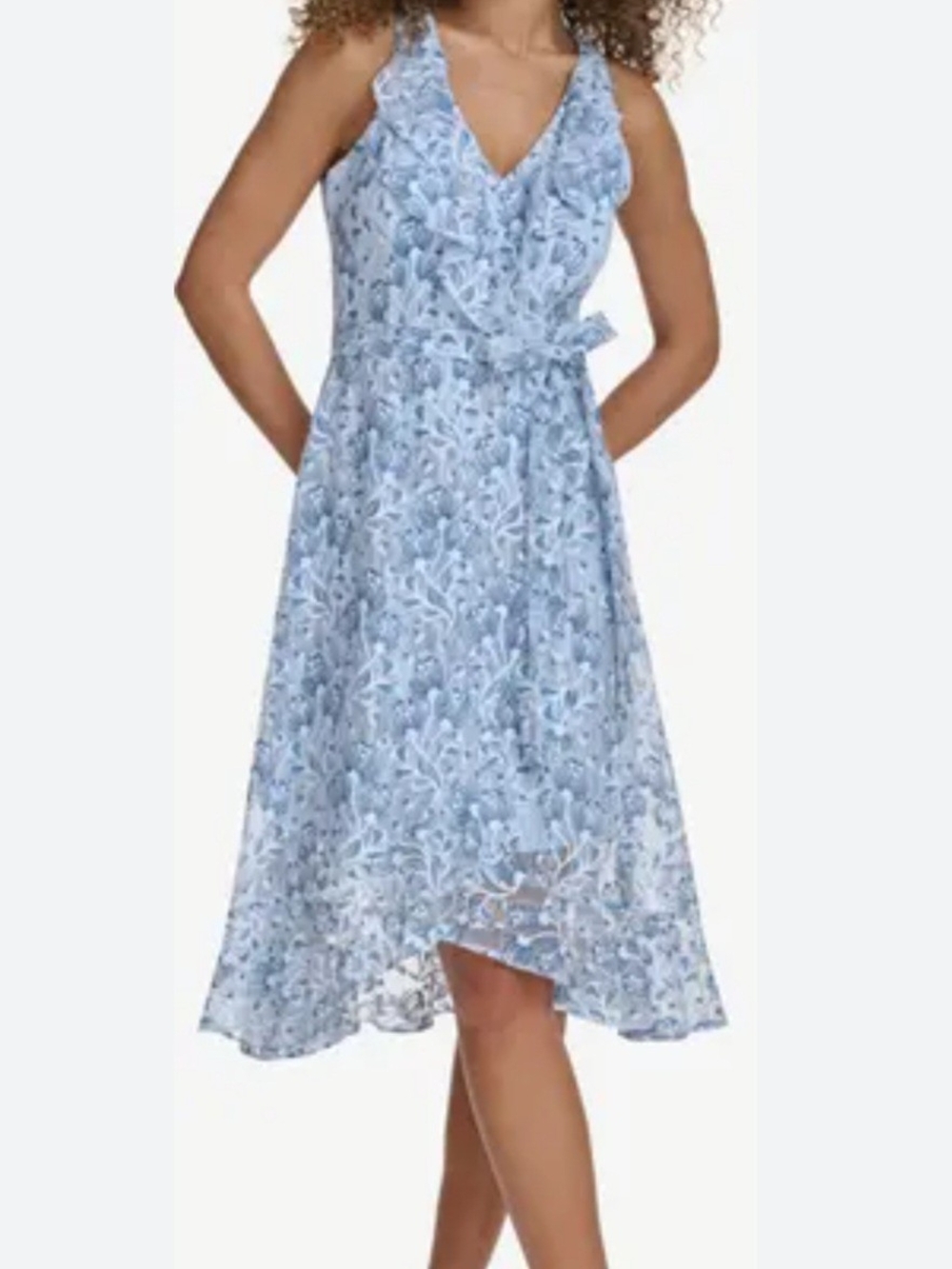 NWT Kensie Light Blue Floral Ruffle V-Neck Maxi Dress